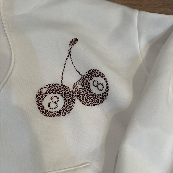 SHEIN WOMENS NEW XL CREAM LEOPARD HOODIE SWEATSHIRT 8 BALL CHERRIES NEW - Picture 3 of 8